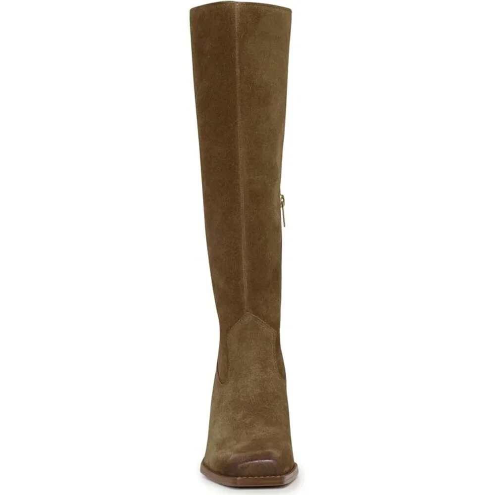 Women Dusty Green Polyurethane Knee High Square Toe Side Zipper Block Heel Boot